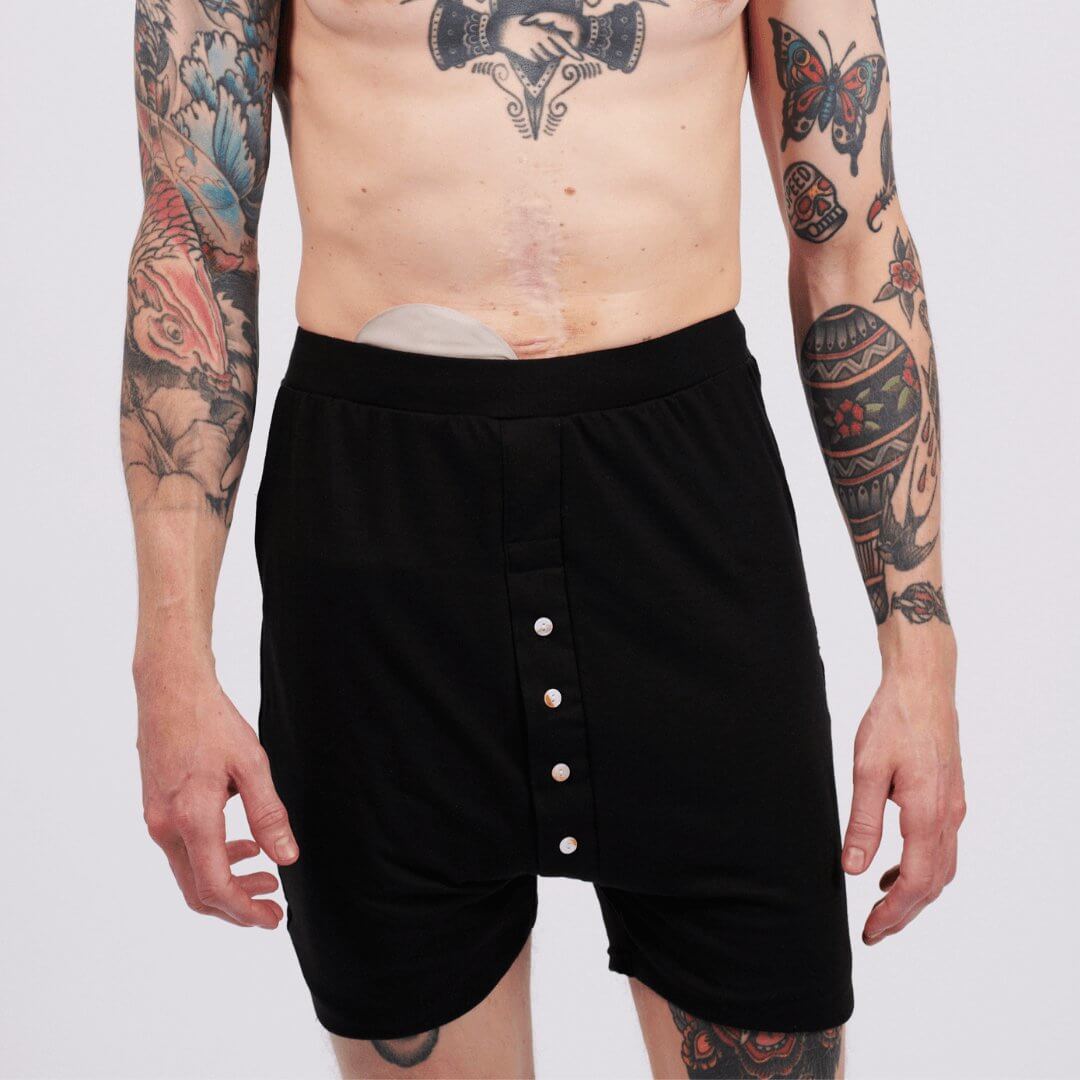 Shop Men's Ostomy High waisted Fitted Trunks only £15.00 at whiteroseostomy.co.uk- with free UK delivery on all orders over £50
